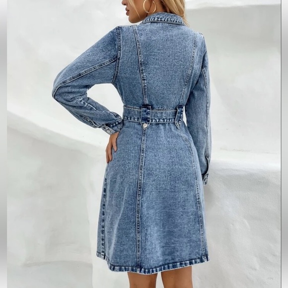 Denim Button-Front Belted Dress/Jacket - Medium Wash - Picture 2 of 7